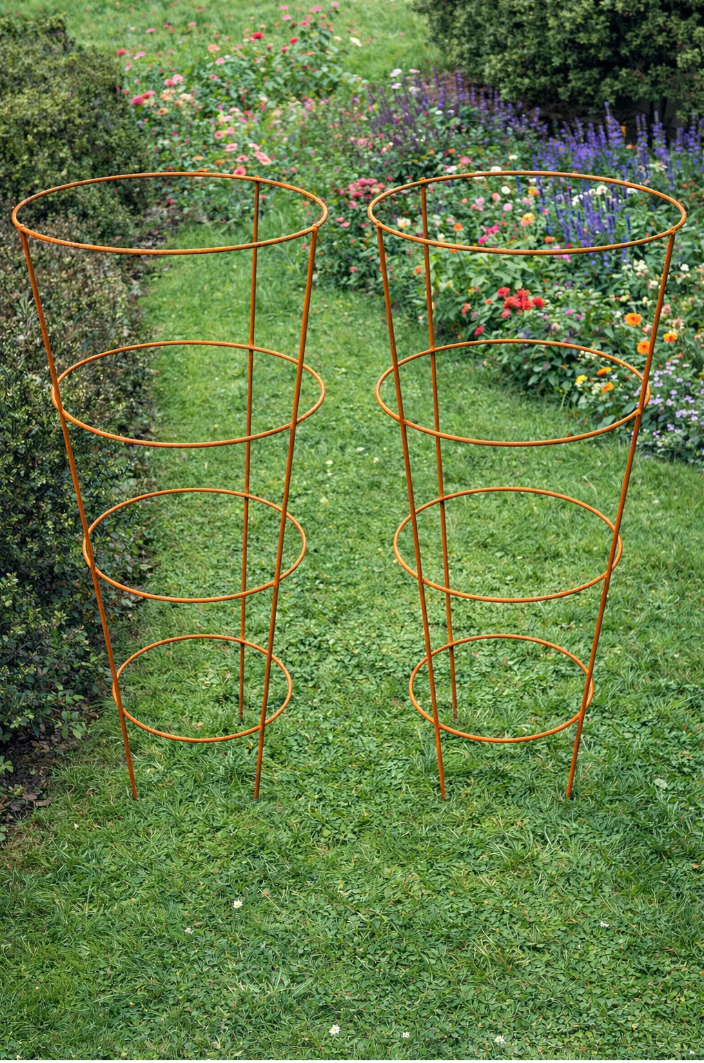Conical Garden Plant Support Cages Set of 2 - Metal Natural Rust Supports
