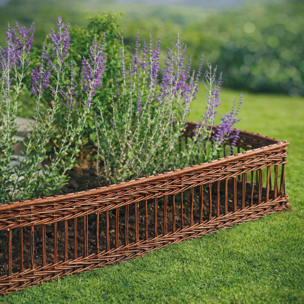 Handwoven Willow Garden Border Edging Panel - Rustic Natural Lawn Edging Fence with Ground Stakes for Flower Beds