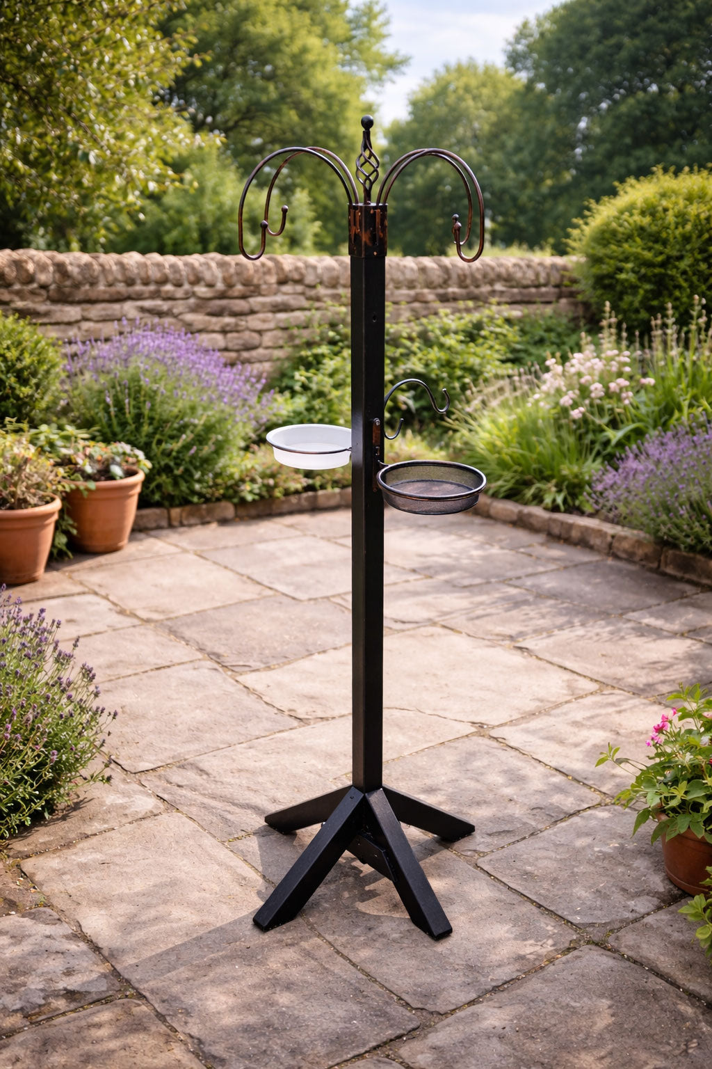 Wooden Garden Bird Feeding Feeder Stand Station with Hanging Hooks Mesh Feeding tray and Water Dish