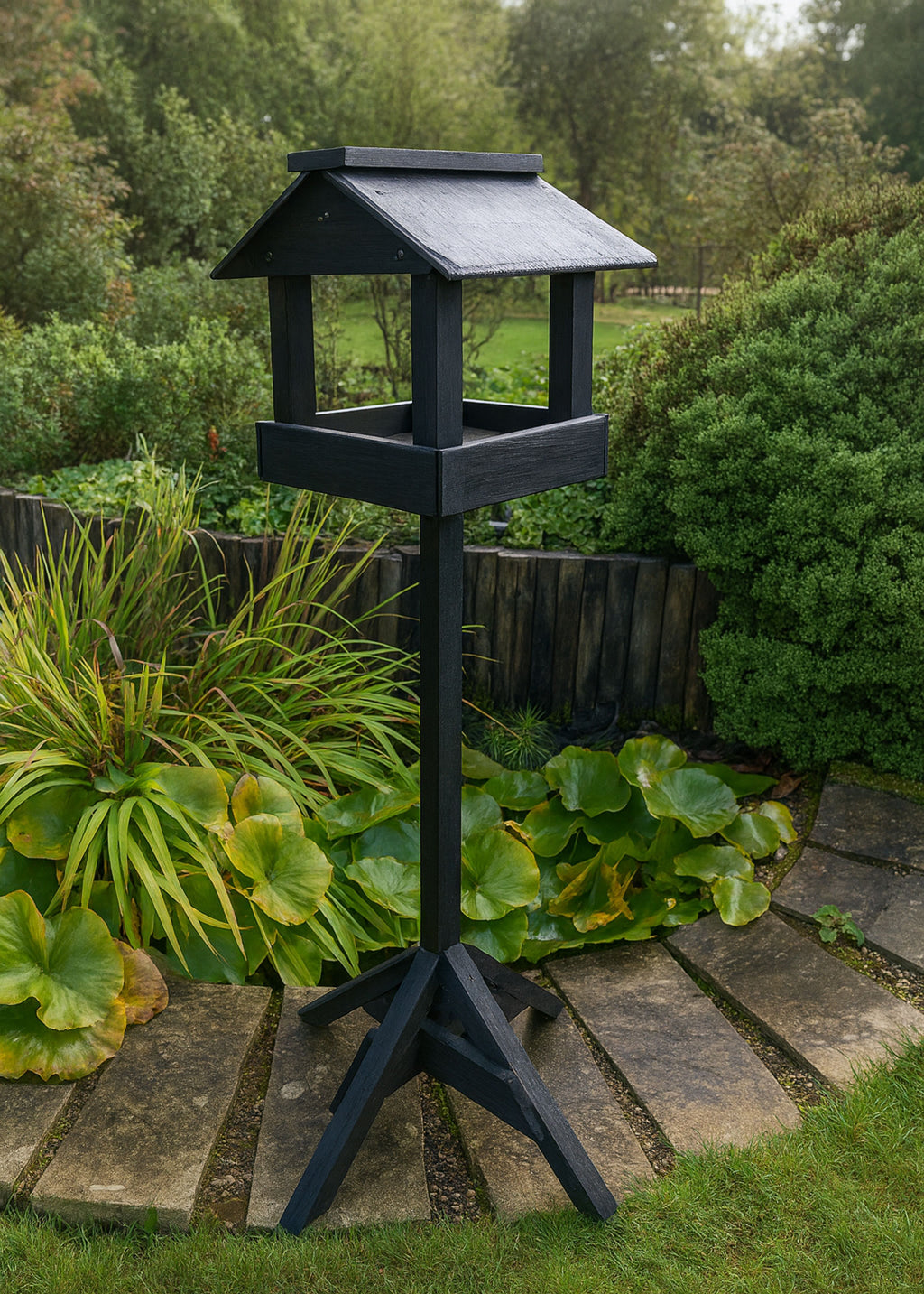 Durable Wooden Bird Table with Slate Roof & Stand for Wild Garden Birds