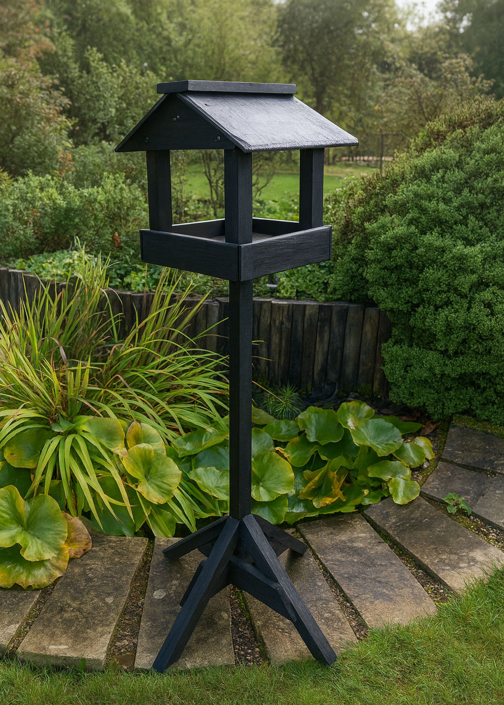 Durable Wooden Bird Table with Slate Roof & Stand for Wild Garden Birds