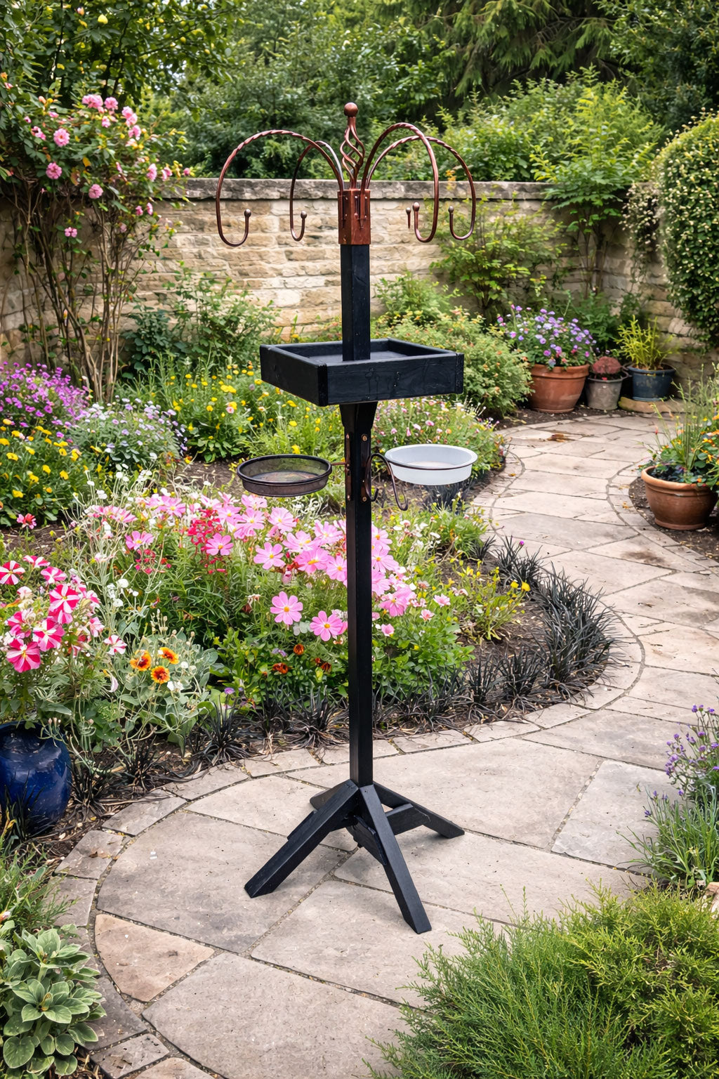 Wooden Bird Table Feeding Station with Hanging Hooks Mesh Feeding Tray and Water Dish Garden Bird Feeder Stand