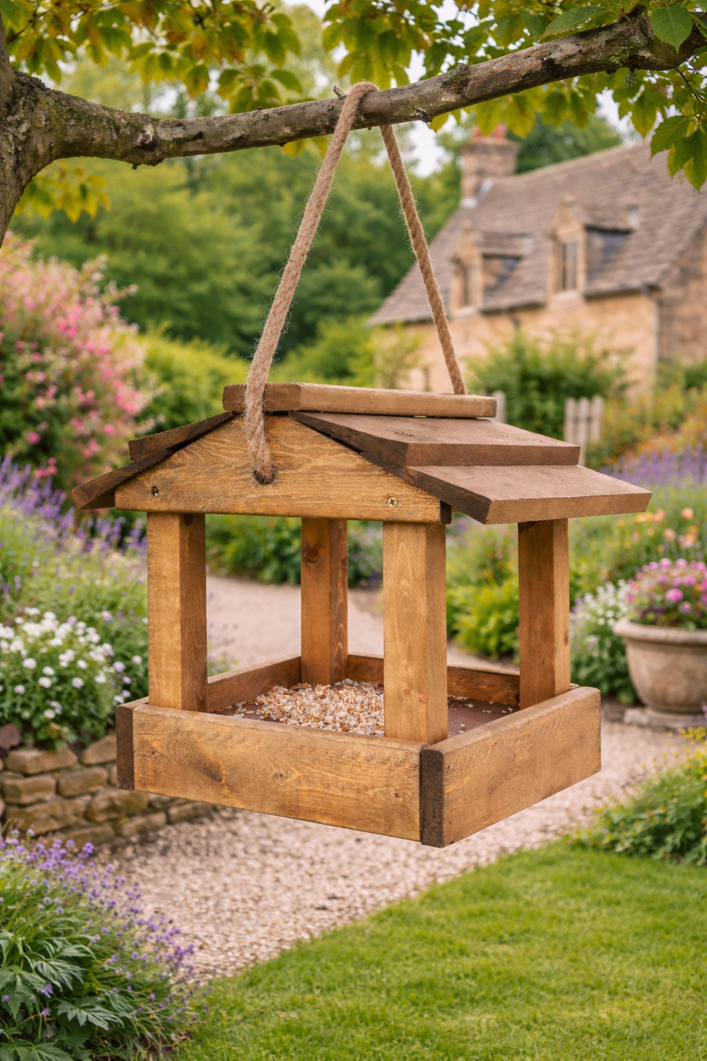 Premium Wooden Bird Feeder Hanging Rope Bird Table Garden Feeder With Roof Fully Assembled