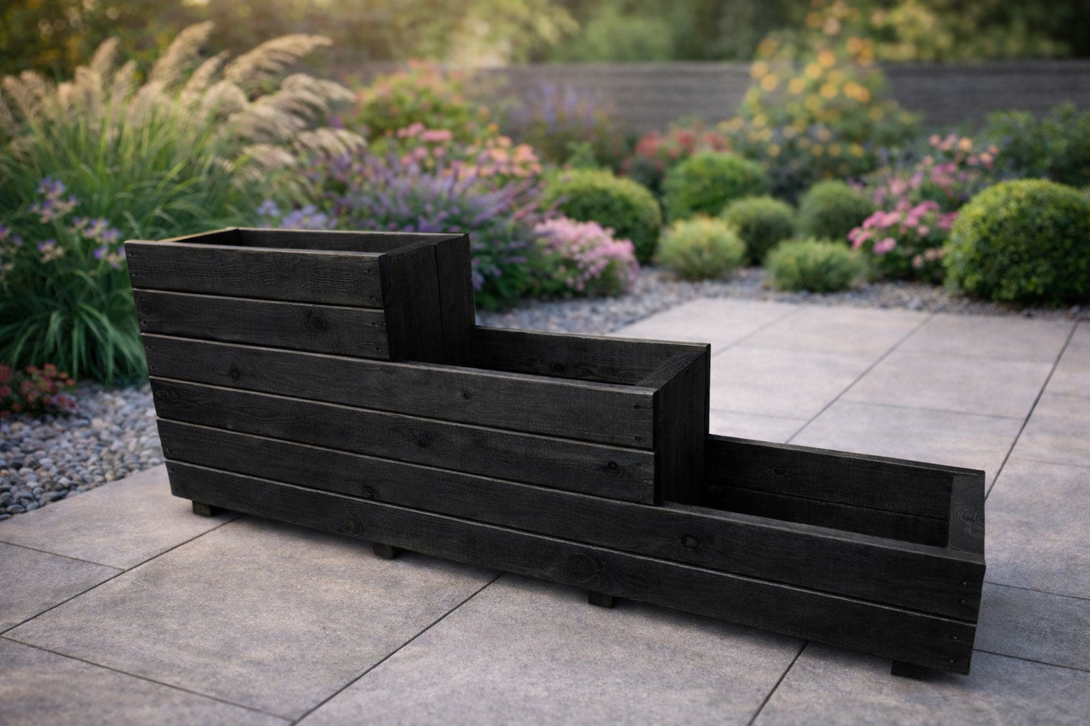 Outdoor Black Wooden Raised Herb Planter 3 Tier Garden Planter Box for Patio Balcony Flowers Herbs