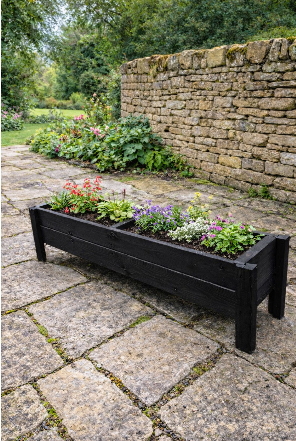 Raised Wooden Garden Container on Legs - Black Timber Trough for Herbs & Flowers