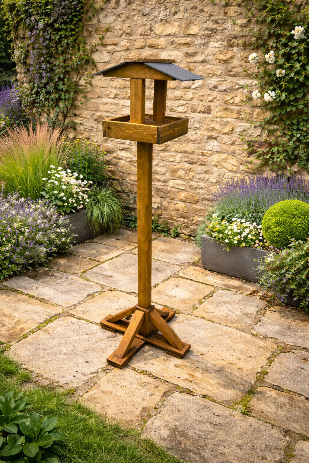 Large Outdoor Wooden Bird Table with Slate Roof - Garden Bird Feeding Stand for Wild Birds 1.6m Tall