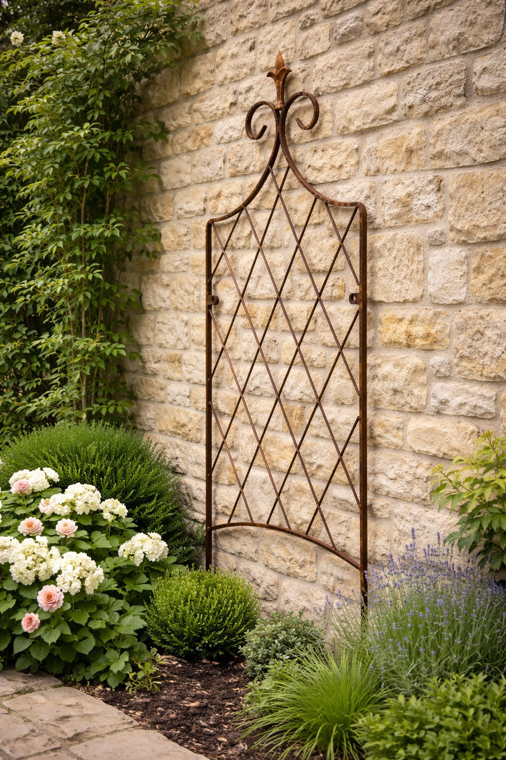 Solid Steel Garden Trellis Support with Lattice Design and Ornate Finial - Rust Outdoor Plant Support