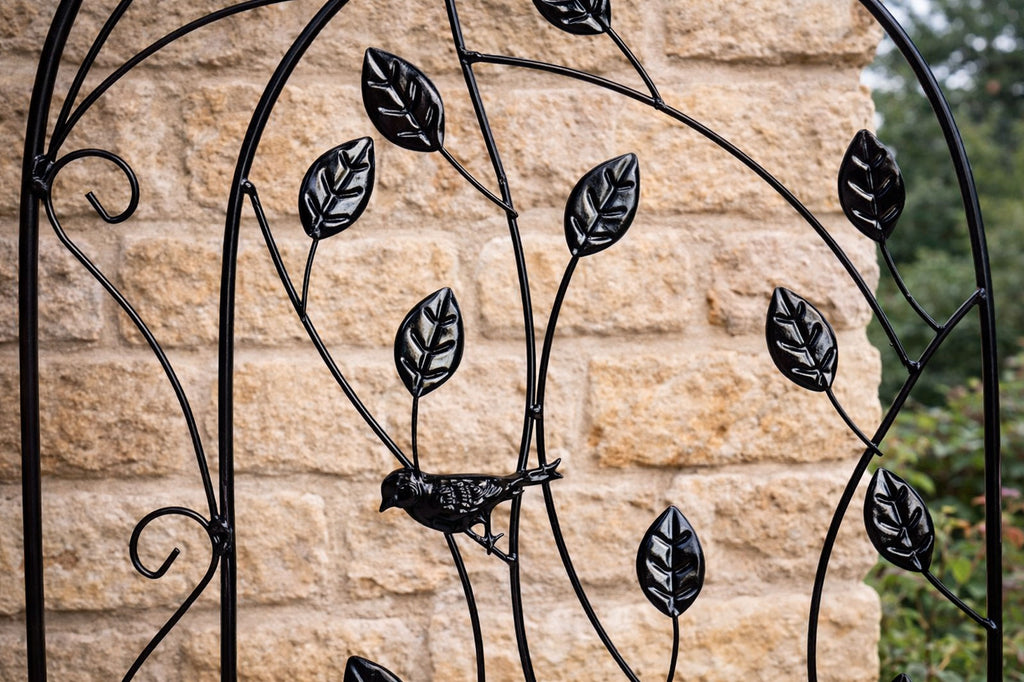 Art Metal Garden Trellis - Ornate Black Powder-Coated Outdoor Wall Trellis Panel