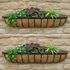 Twin Pack Outdoor Metal Wall Planters 90cm Window Boxes with Natural Coir Liners for Garden Walls
