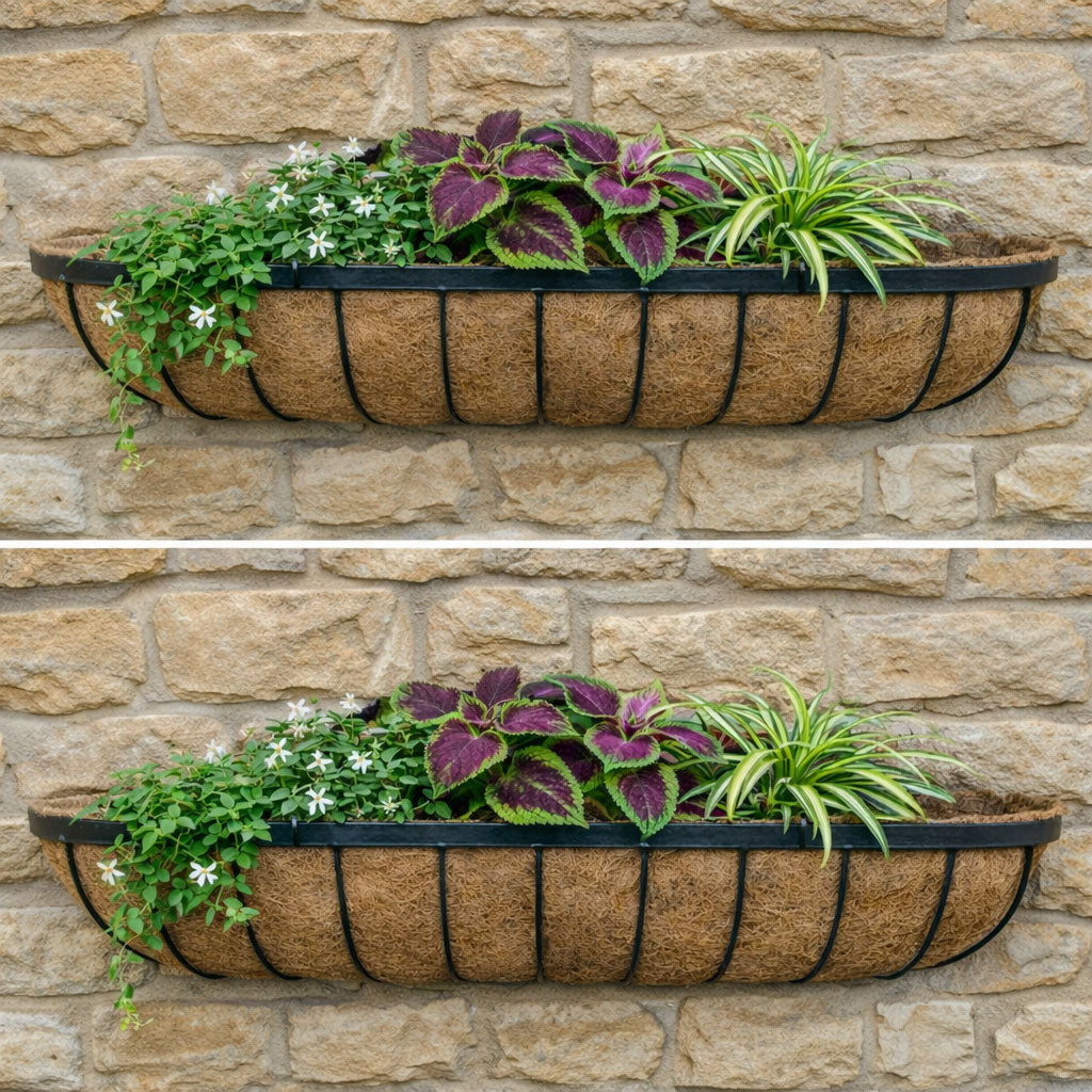 Twin Pack Outdoor Metal Wall Planters 90cm Window Boxes with Natural Coir Liners for Garden Walls