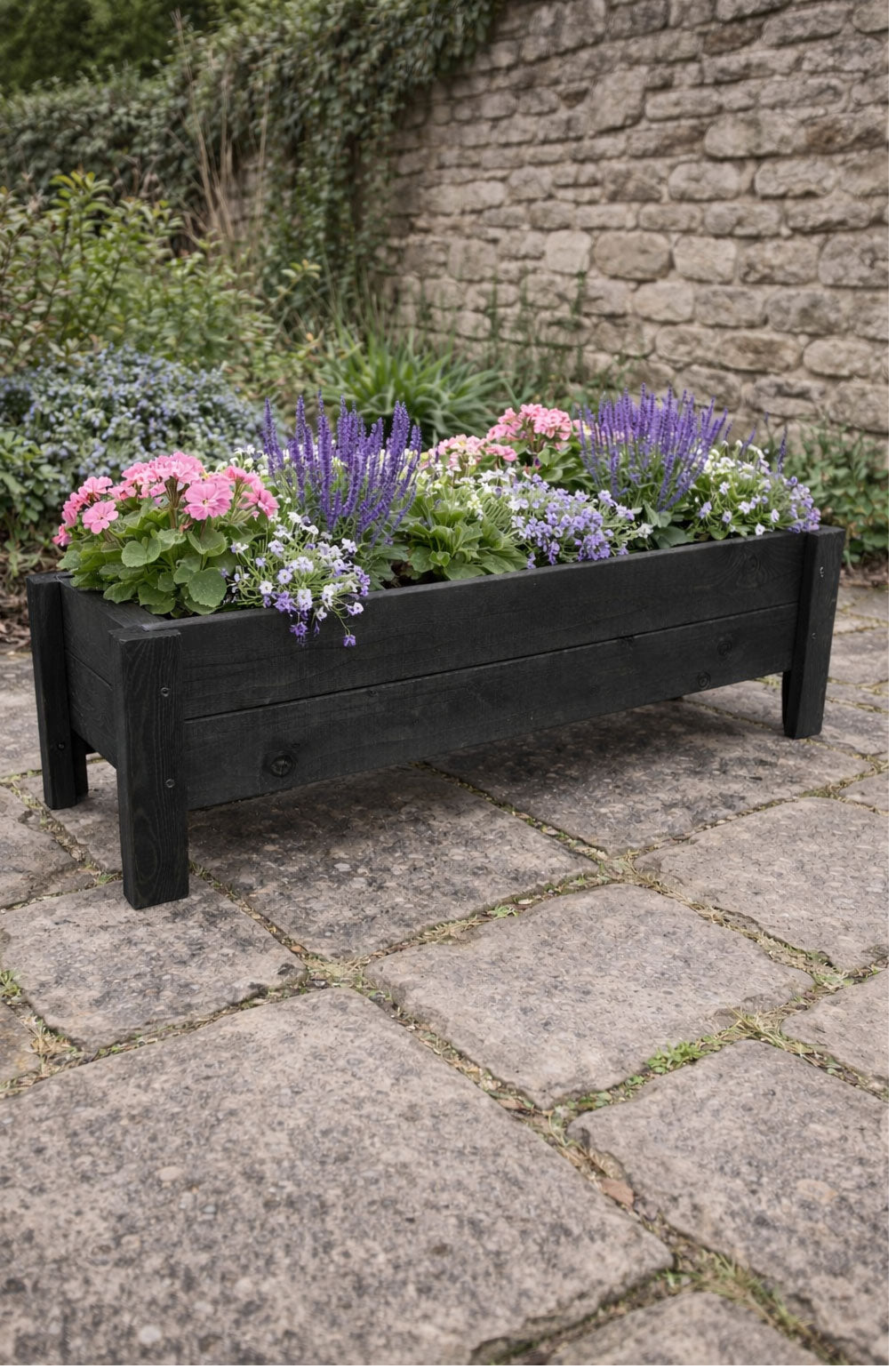 Raised Wooden Garden Container on Legs - Black Timber Trough for Herbs & Flowers