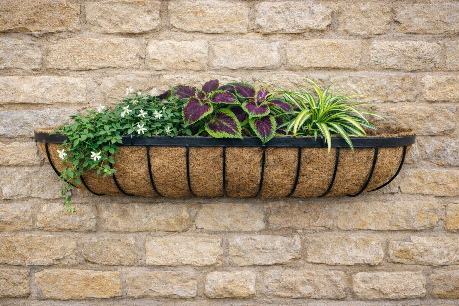 Twin Pack Outdoor Metal Wall Planters 90cm Window Boxes with Natural Coir Liners for Garden Walls