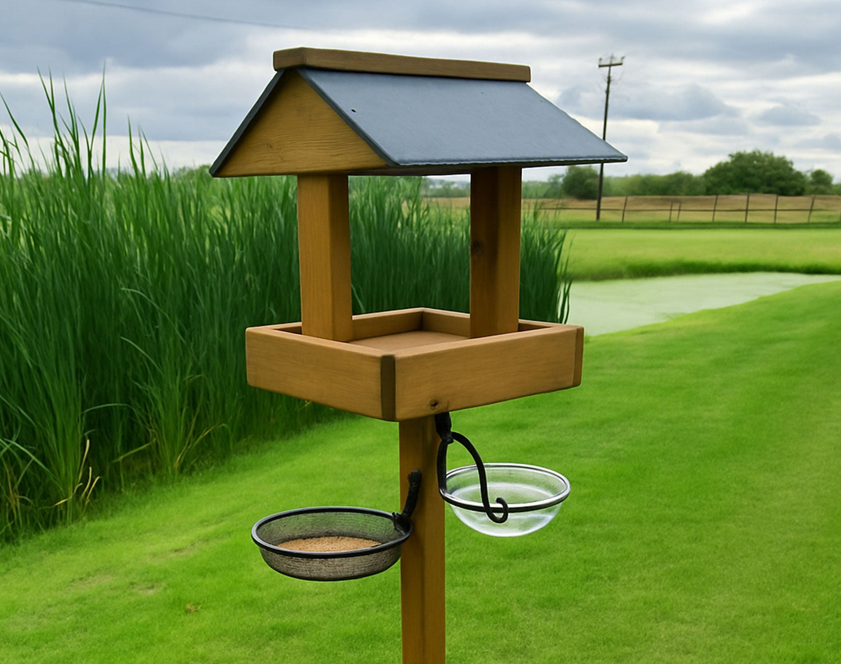 Garden Wooden Bird Table & Feeder Stand with Seed Tray and Water Bath