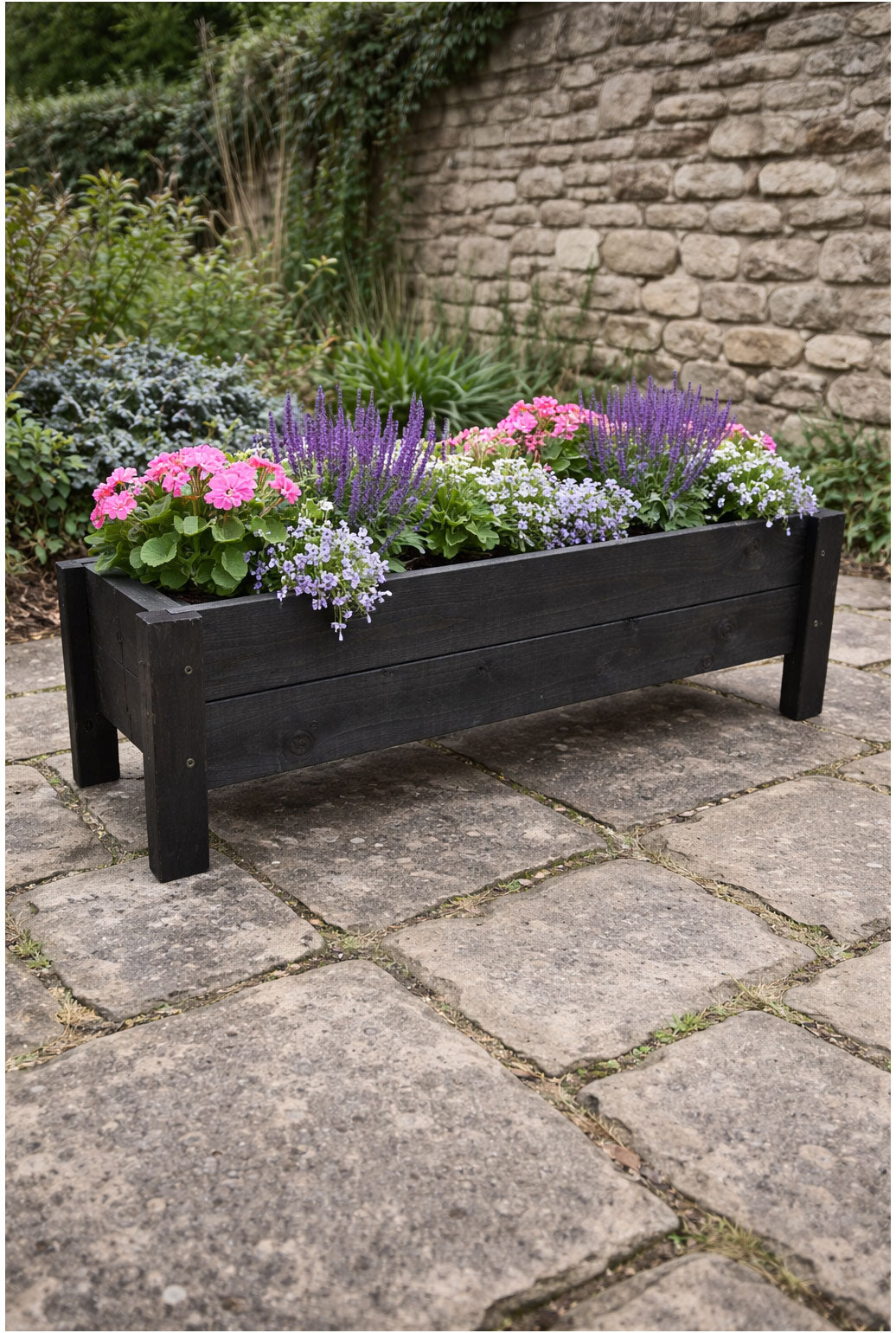 Raised Wooden Garden Container on Legs - Black Timber Trough for Herbs & Flowers