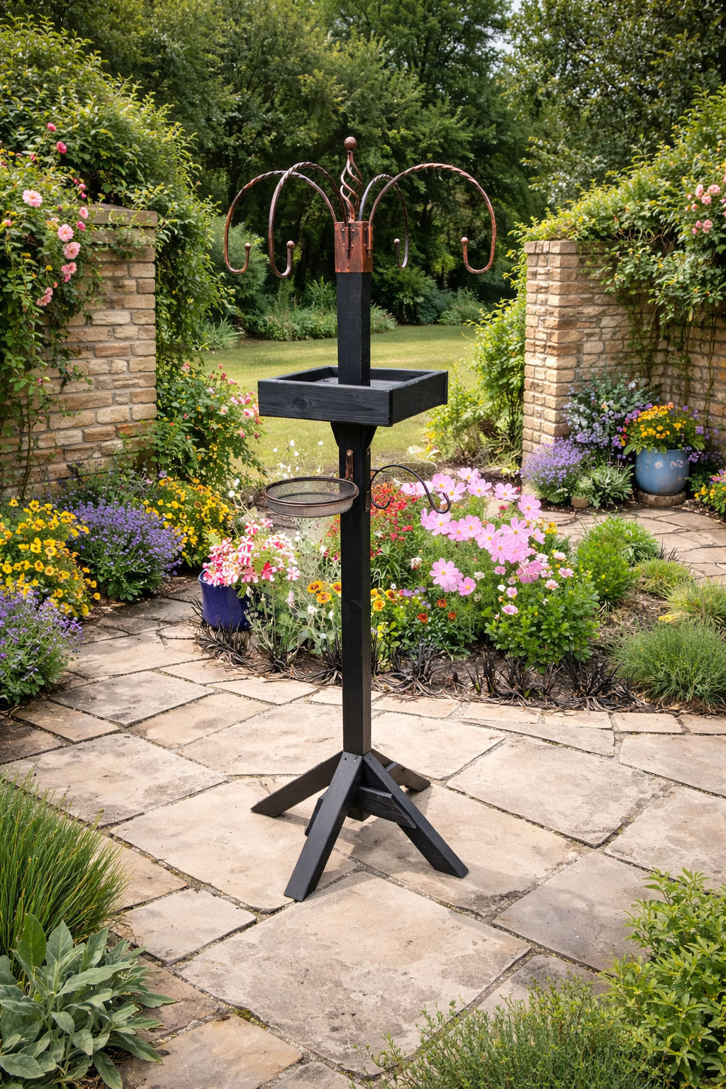 Wooden Bird Table Feeding Station with Hanging Hooks Mesh Feeding Tray and Water Dish Garden Bird Feeder Stand