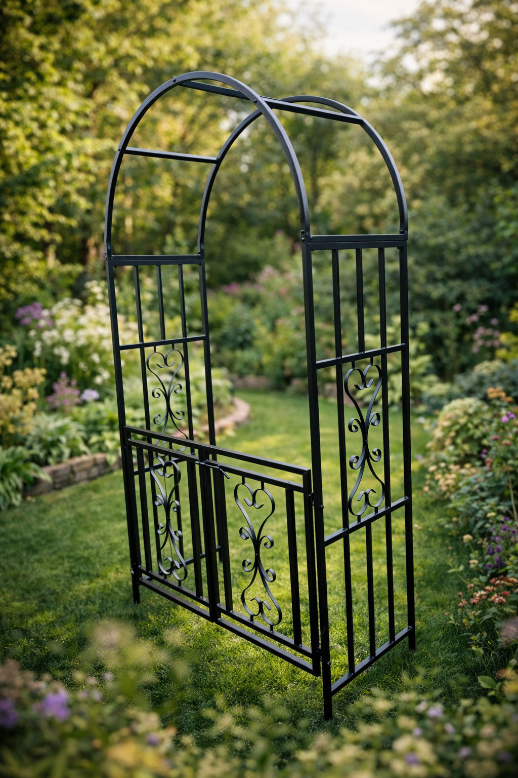 Metal Garden Arch with Opening Gate - Steel Garden Archway Walkway Entrance Frame for Climbing Roses