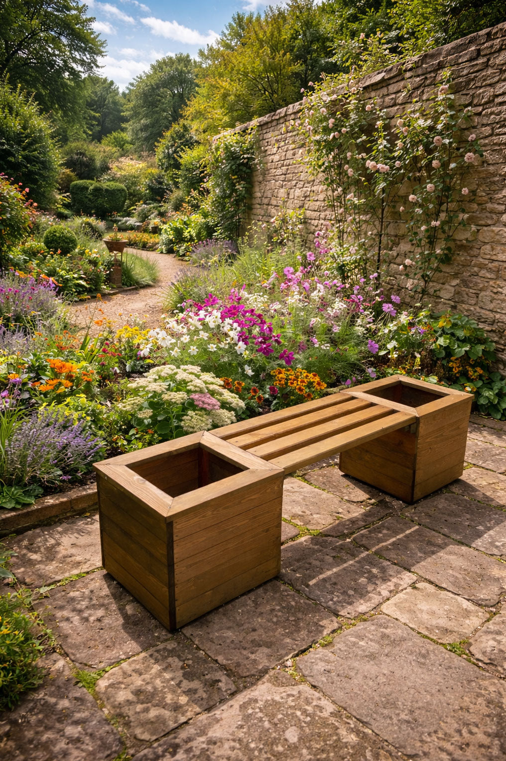 Outdoor Planter Bench - Patio Bench with Heavy Duty Planters and Wooden Slatted Seat