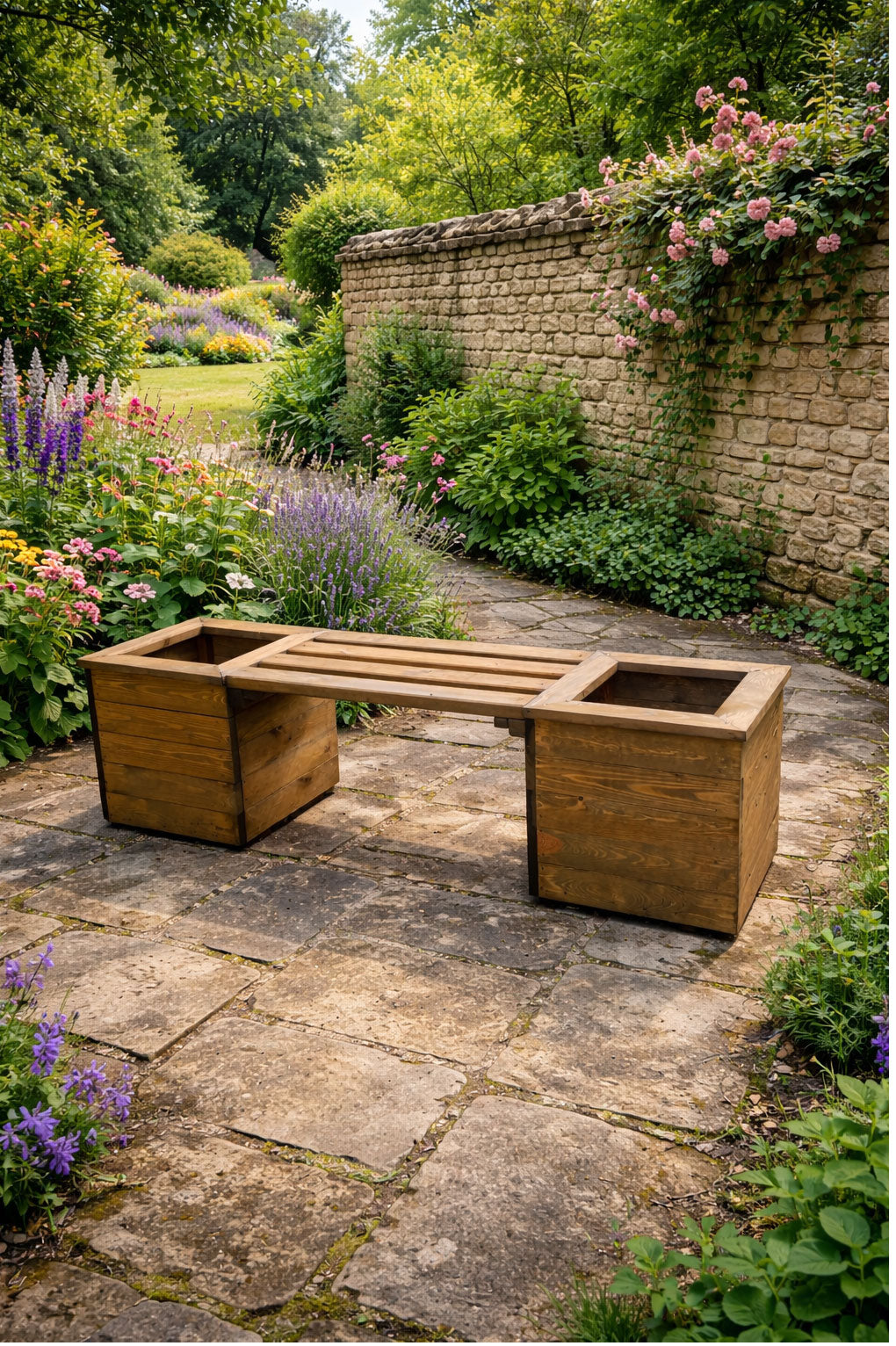 Outdoor Planter Bench - Patio Bench with Heavy Duty Planters and Wooden Slatted Seat