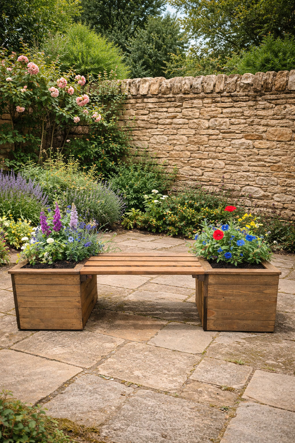 Outdoor Planter Bench - Patio Bench with Heavy Duty Planters and Wooden Slatted Seat