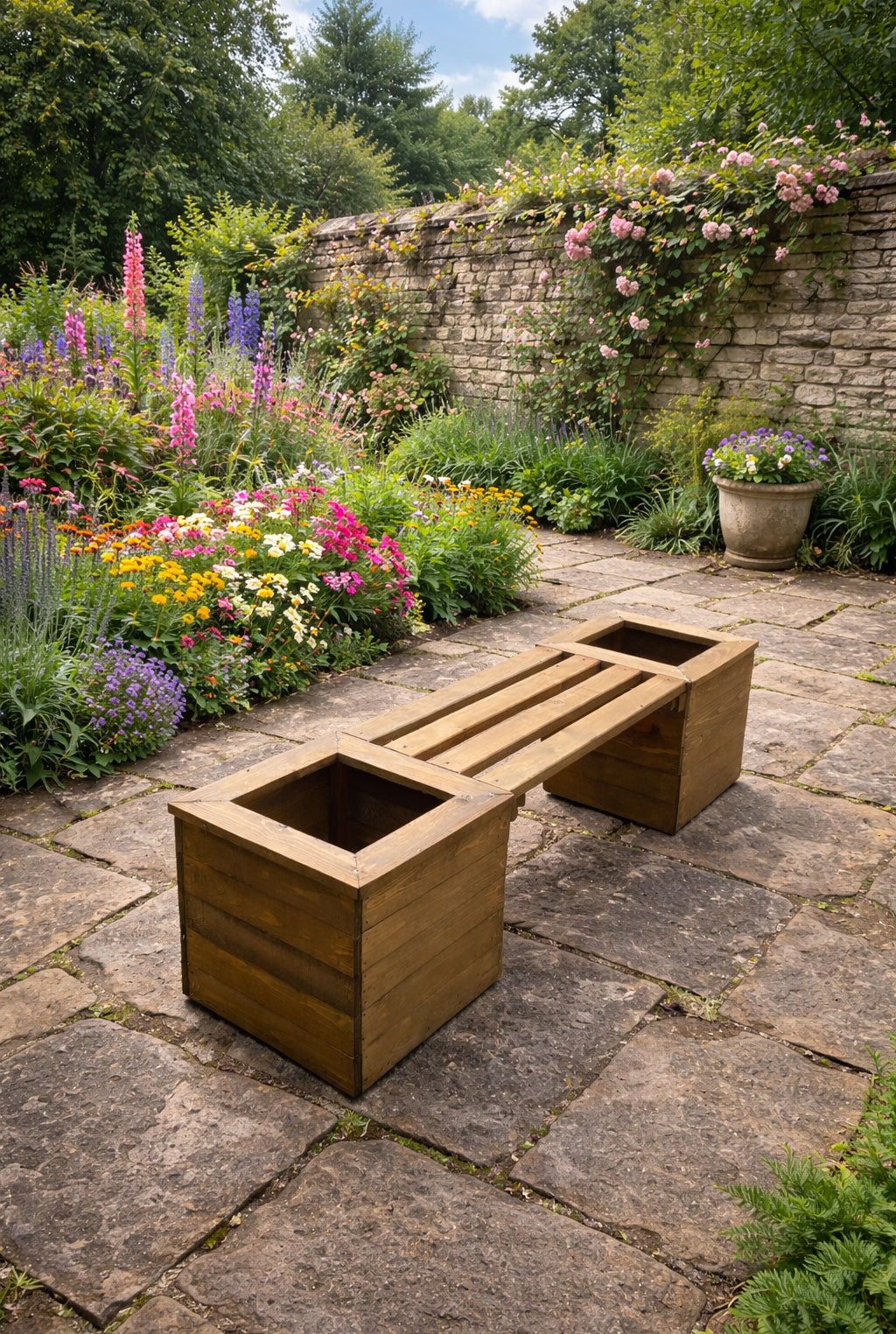 Outdoor Planter Bench - Patio Bench with Heavy Duty Planters and Wooden Slatted Seat