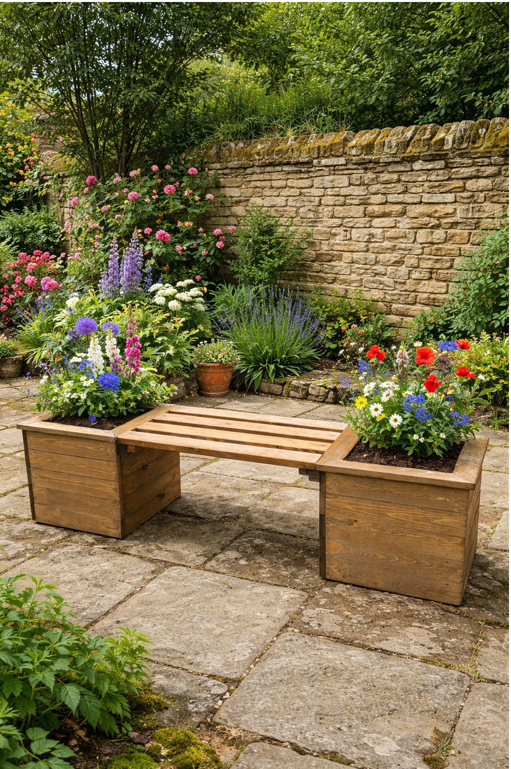 Outdoor Planter Bench - Patio Bench with Heavy Duty Planters and Wooden Slatted Seat