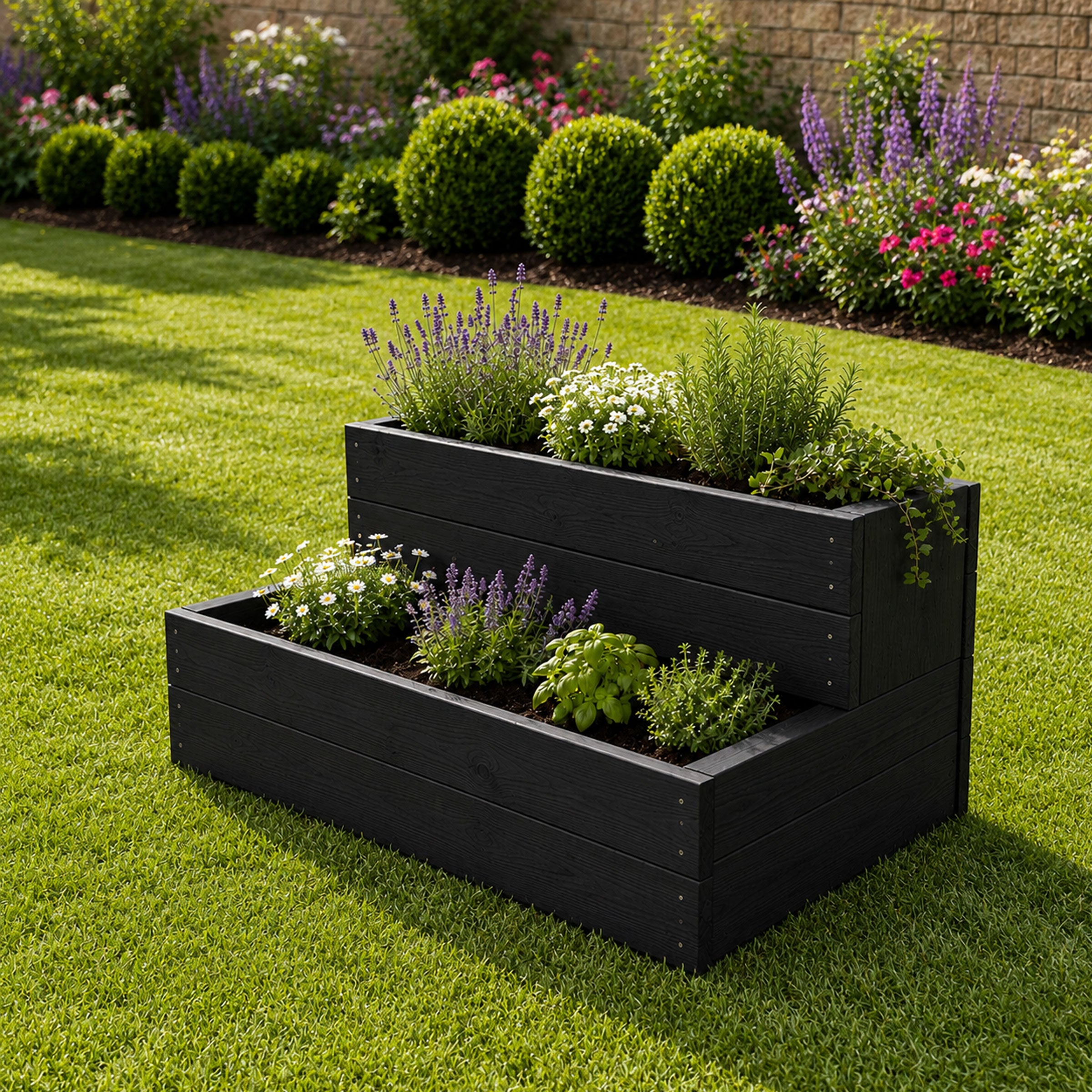 Double Tier Timber Planter Box - Handmade Wooden Garden Growing Bed Black