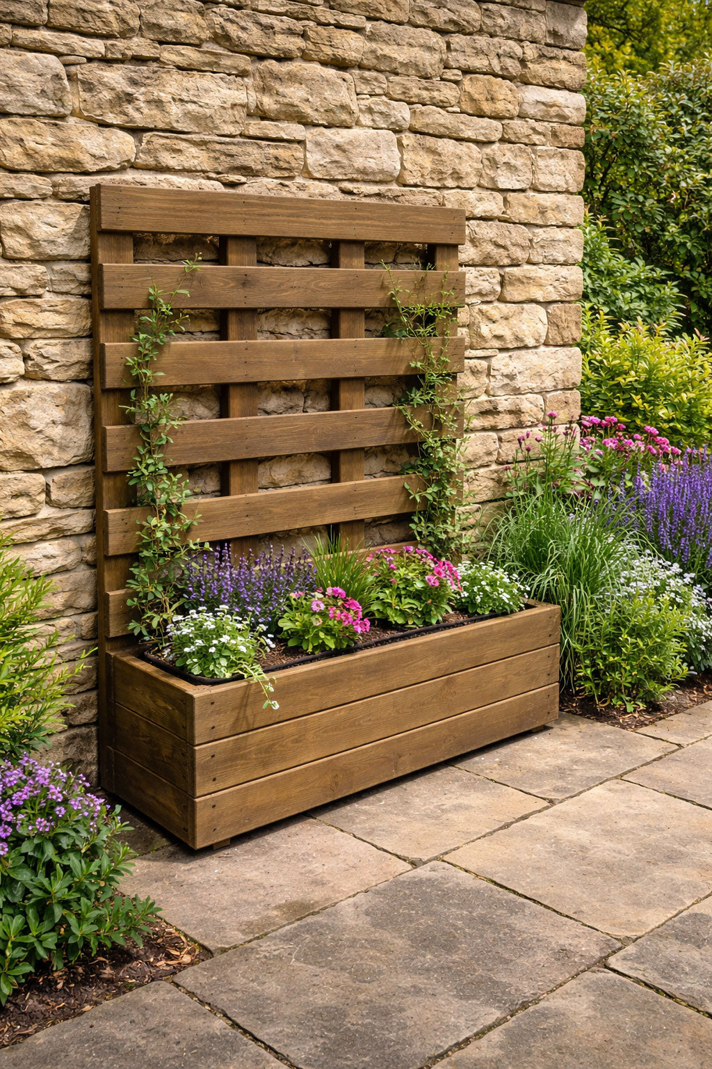 Vertical Wooden Planter with Trellis  - Outdoor Planter Box for Flowers & Vines