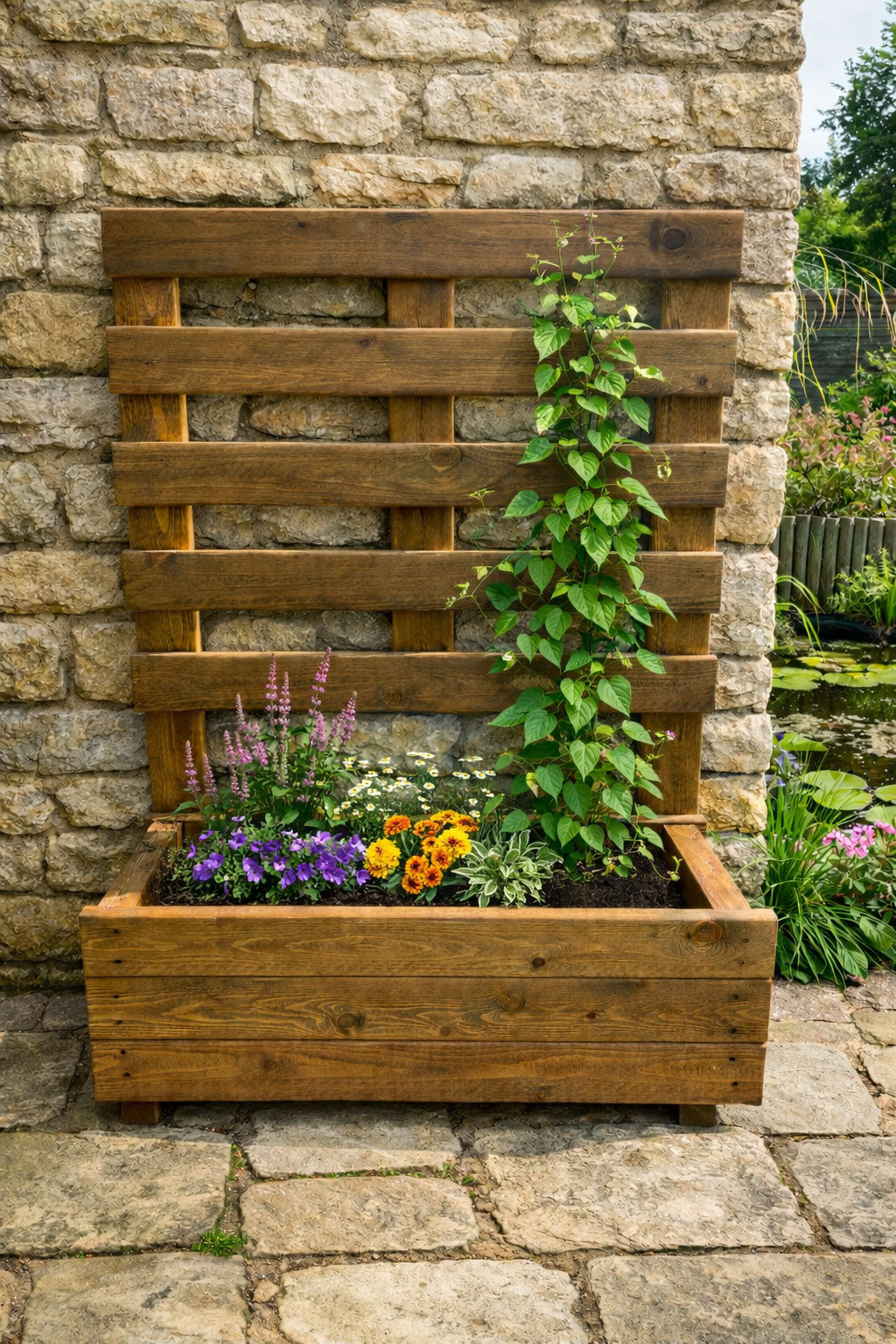 Vertical Wooden Planter with Trellis  - Outdoor Planter Box for Flowers & Vines