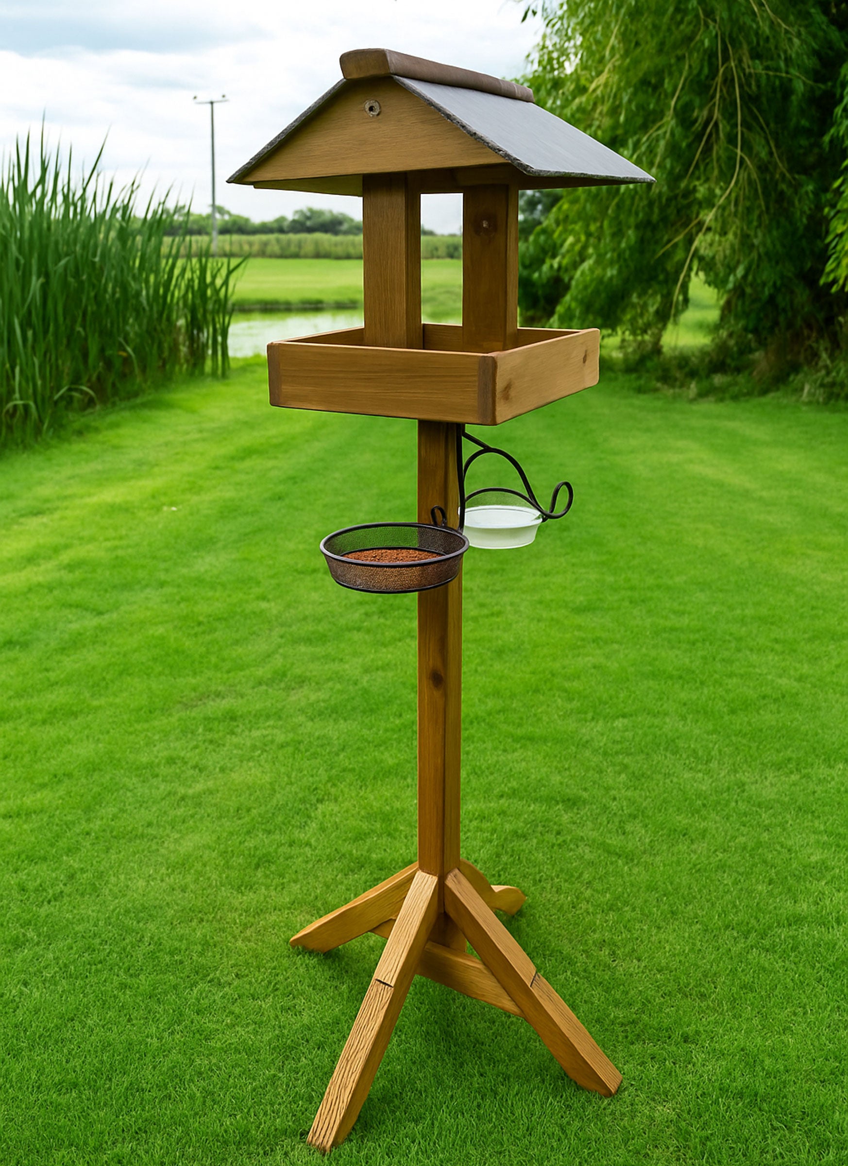 Garden Wooden Bird Table & Feeder Stand with Seed Tray and Water Bath
