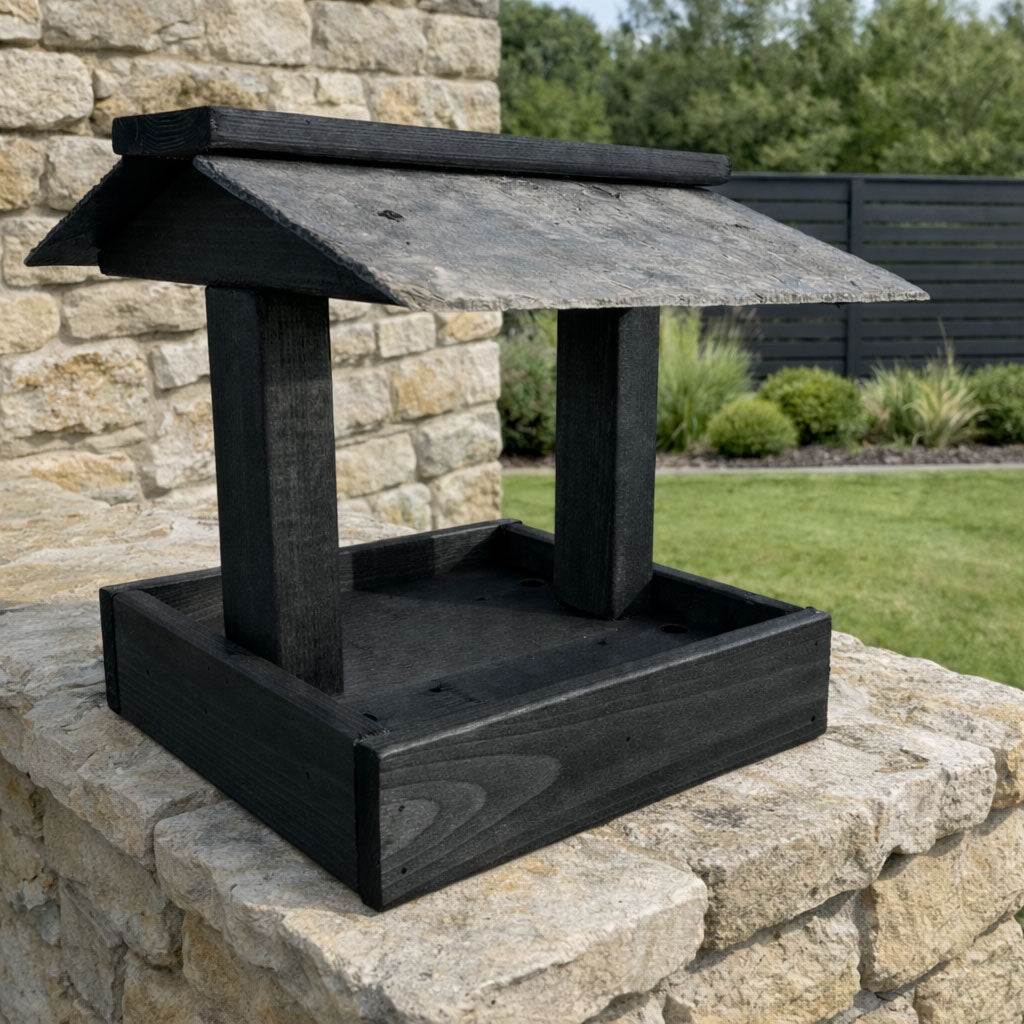 Wooden Bird Feeding Table for Garden Birds - Slate Roof Outdoor Bird Feeder with Drainage