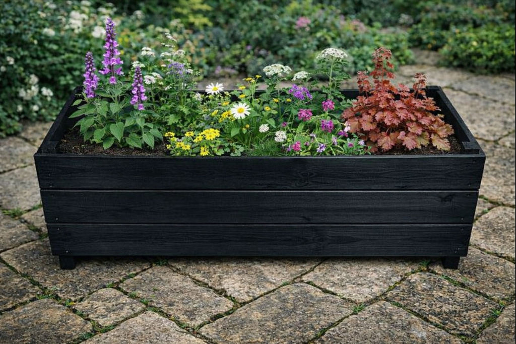 Extra Deep Wooden Trough Garden Planter Black - Long Rectangular Patio Planter Herbs and Perennials