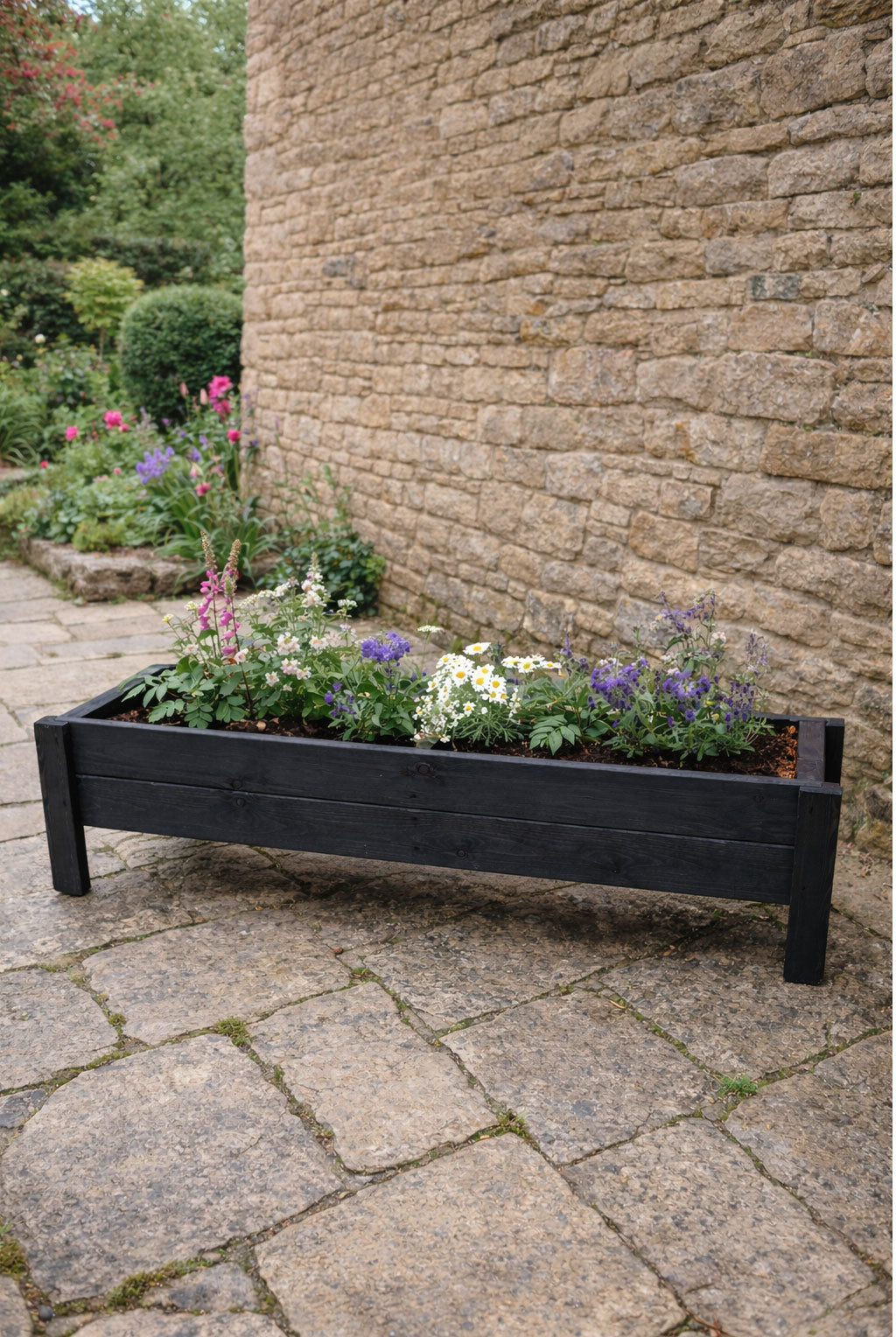 Raised Wooden Garden Container on Legs - Black Timber Trough for Herbs & Flowers