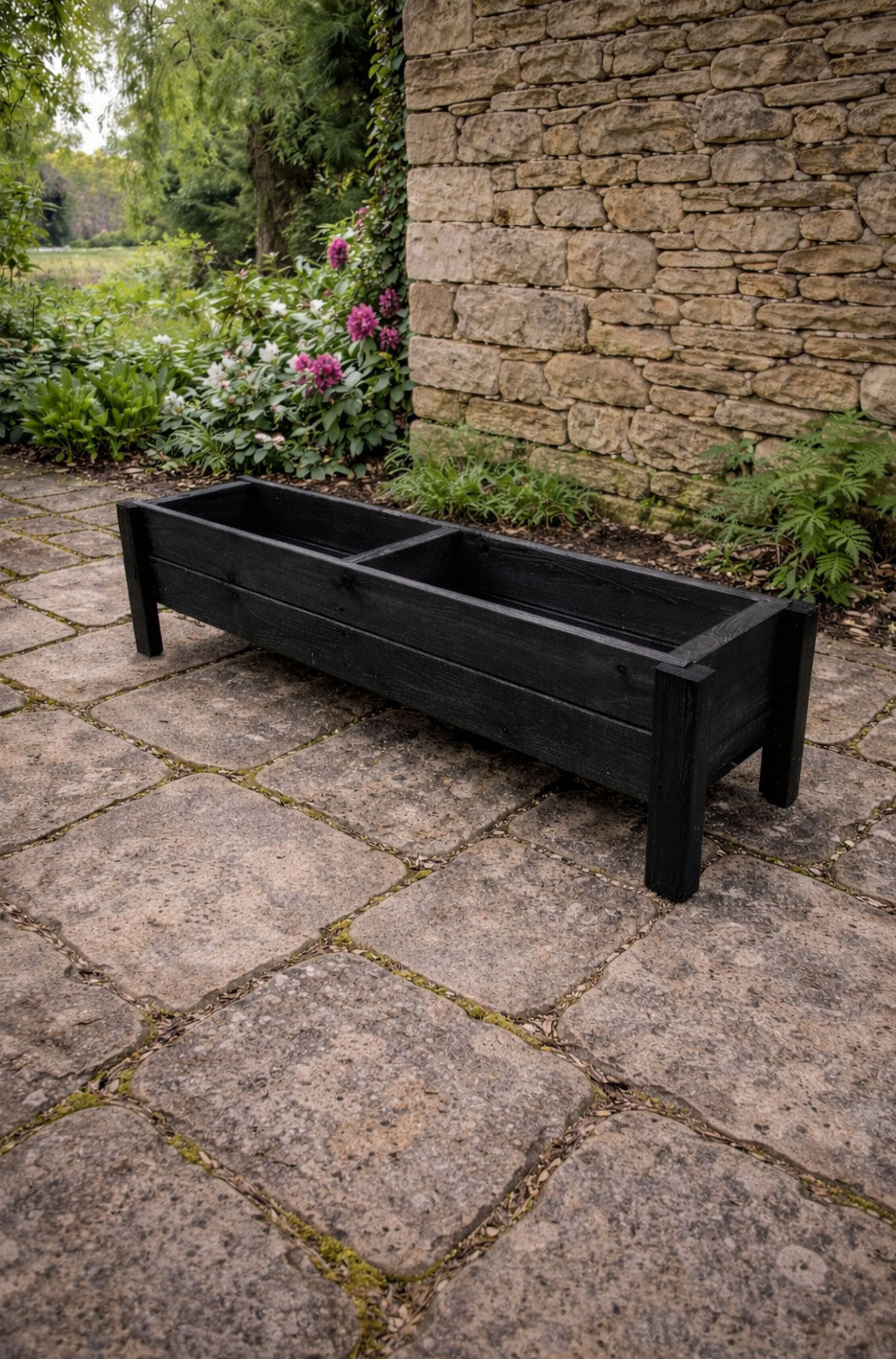 Raised Wooden Garden Container on Legs - Black Timber Trough for Herbs & Flowers