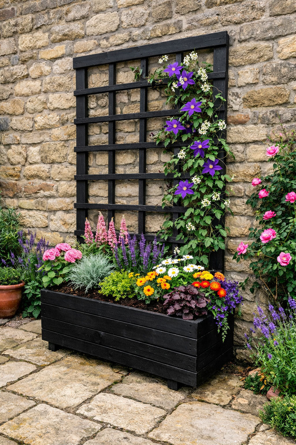 Heavy Duty Wooden Planter Boxes with Tall 1.8m Trellises - Brown or Black