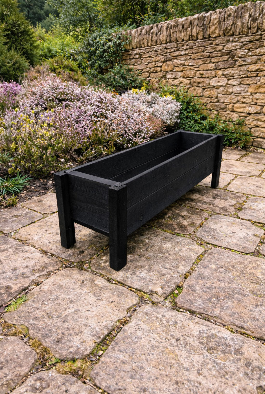 Raised Wooden Garden Container on Legs - Black Timber Trough for Herbs & Flowers