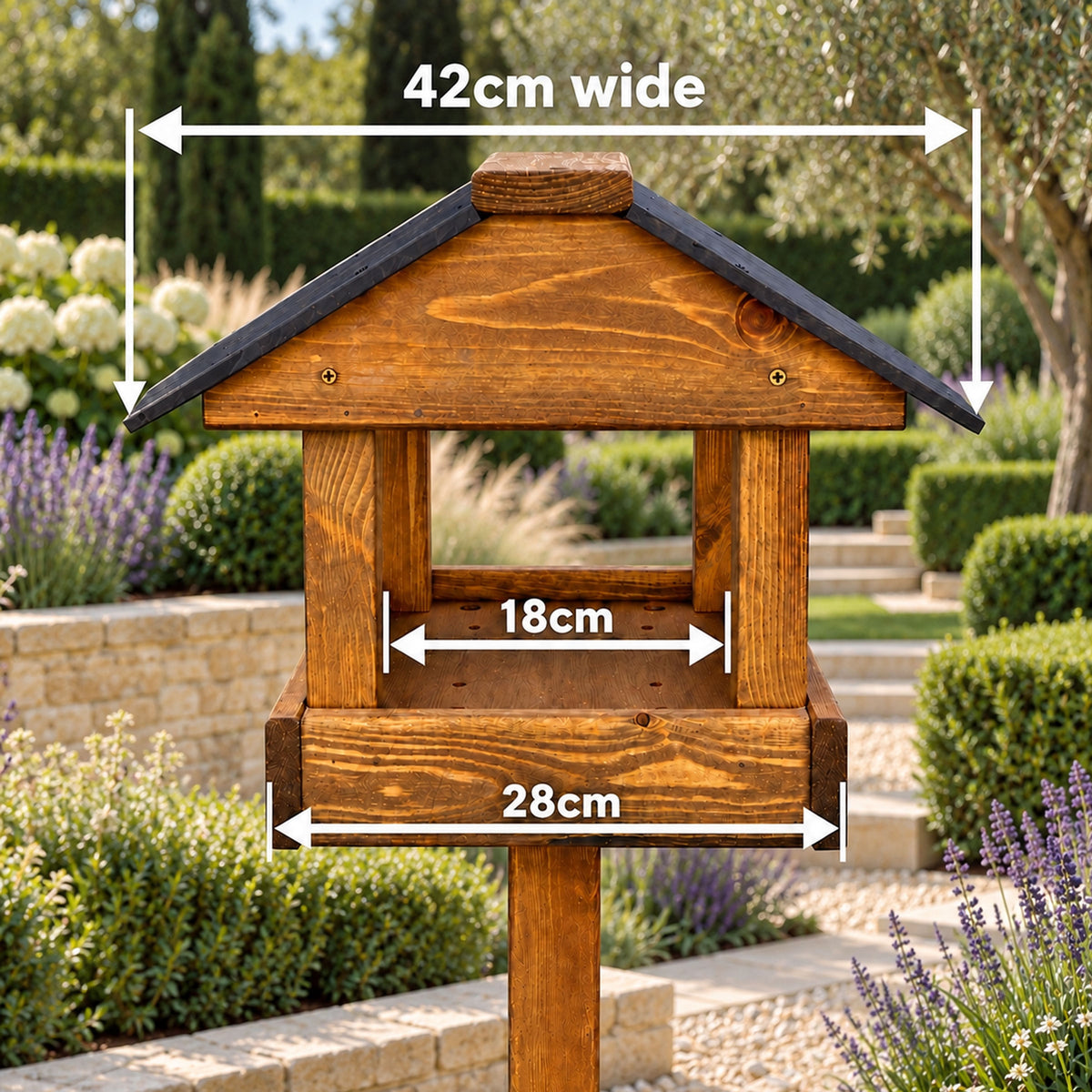 Meadows Wooden Bird Table with Black Roof, Feeding Station Trays & Bird Bath