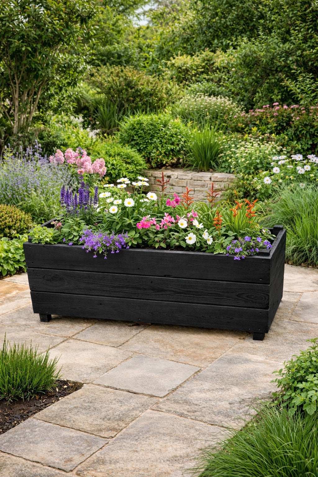 Extra Deep Wooden Trough Garden Planter Black - Long Rectangular Patio Planter Herbs and Perennials