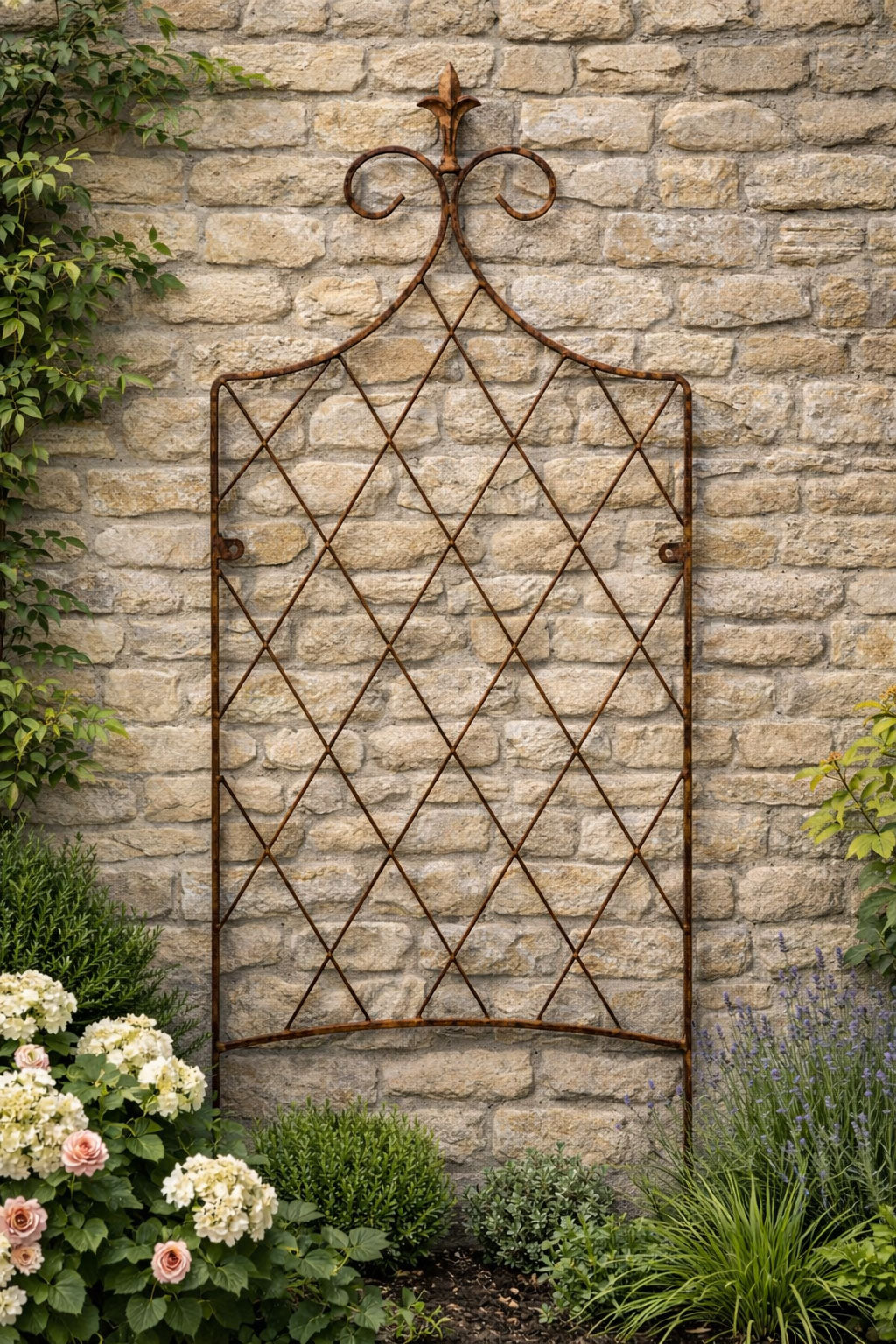 Solid Steel Garden Trellis Support with Lattice Design and Ornate Finial - Rust Outdoor Plant Support