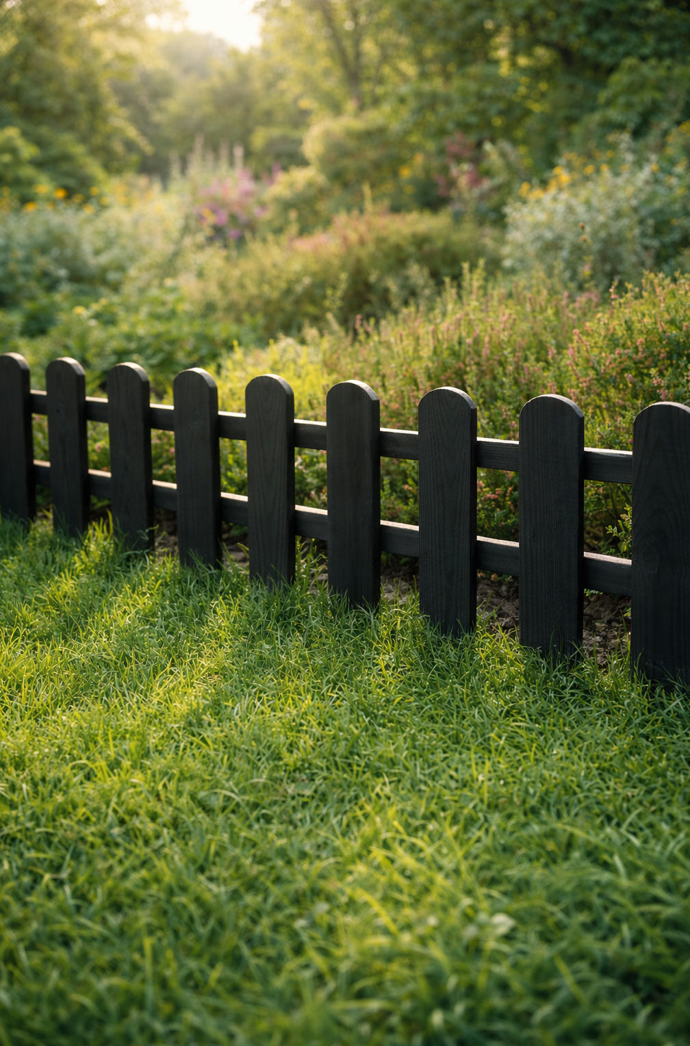 Low Black Garden Edging Fence Decorative Timber Picket Border for Lawns Paths & Flower Beds