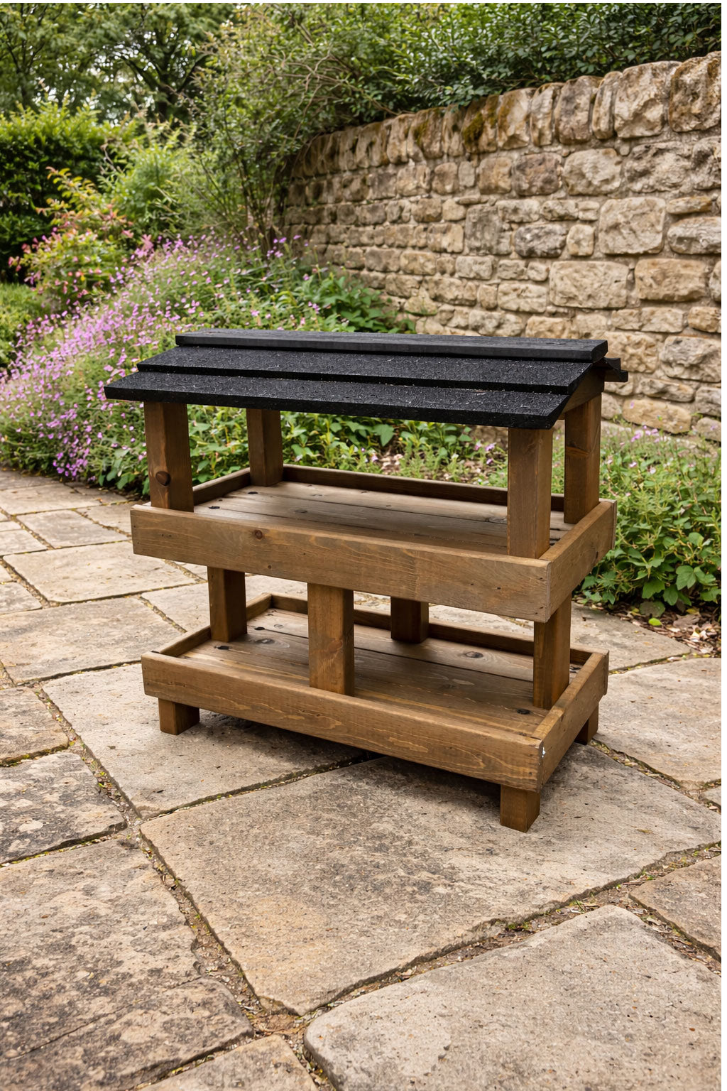 Heavy Duty Wooden Ground Bird Feeder Table - Ready Assembled Outdoor Wild Bird Feeding Station with Black Roof