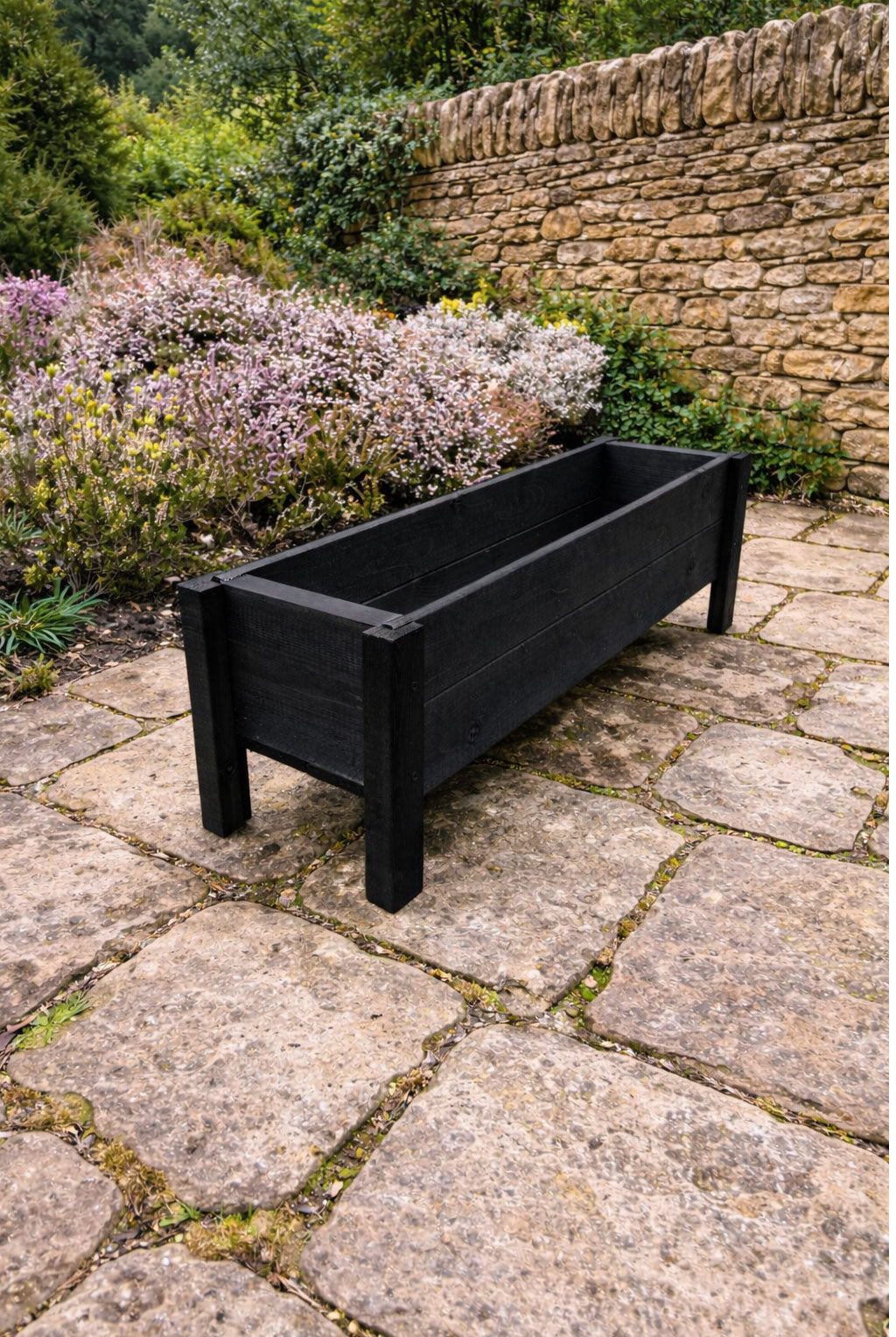 Raised Wooden Garden Container on Legs - Black Timber Trough for Herbs & Flowers