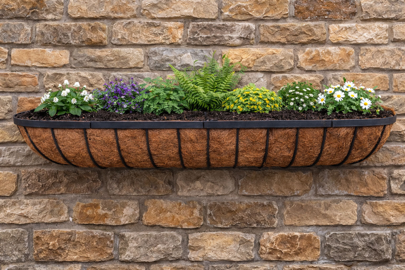 Twin Pack Outdoor Metal Wall Planters 120cm Window Boxes with Natural Coir Liners for Garden Walls