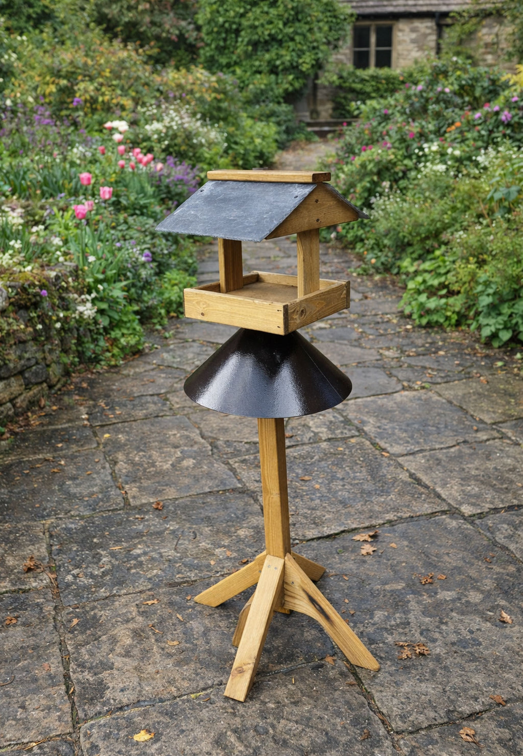 Wooden Bird Table with Slate Roof - Squirrel Proof Garden Bird Feeding Station