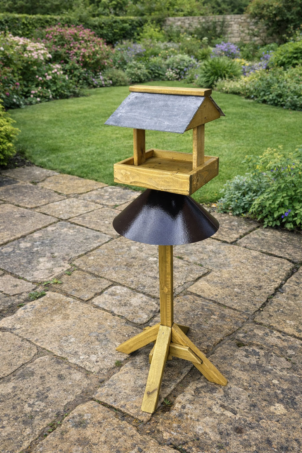Wooden Bird Table with Slate Roof - Squirrel Proof Garden Bird Feeding Station