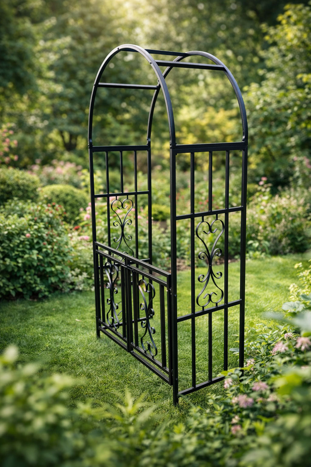 Metal Garden Arch with Opening Gate - Steel Garden Archway Walkway Entrance Frame for Climbing Roses