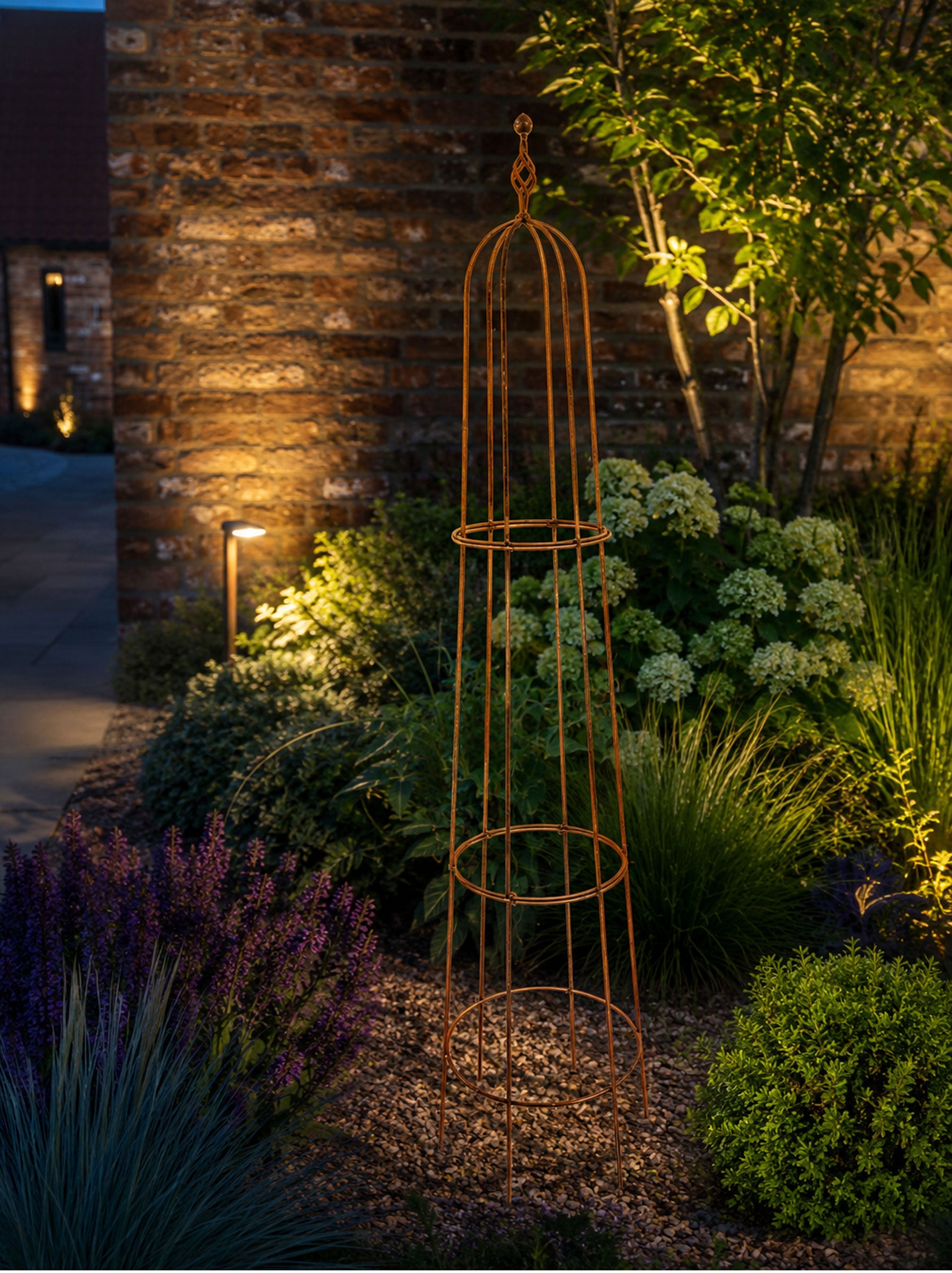 Metal Garden Obelisk with Spiral Top - Steel Climbing Plant Support Frame with Natural Rust Finish