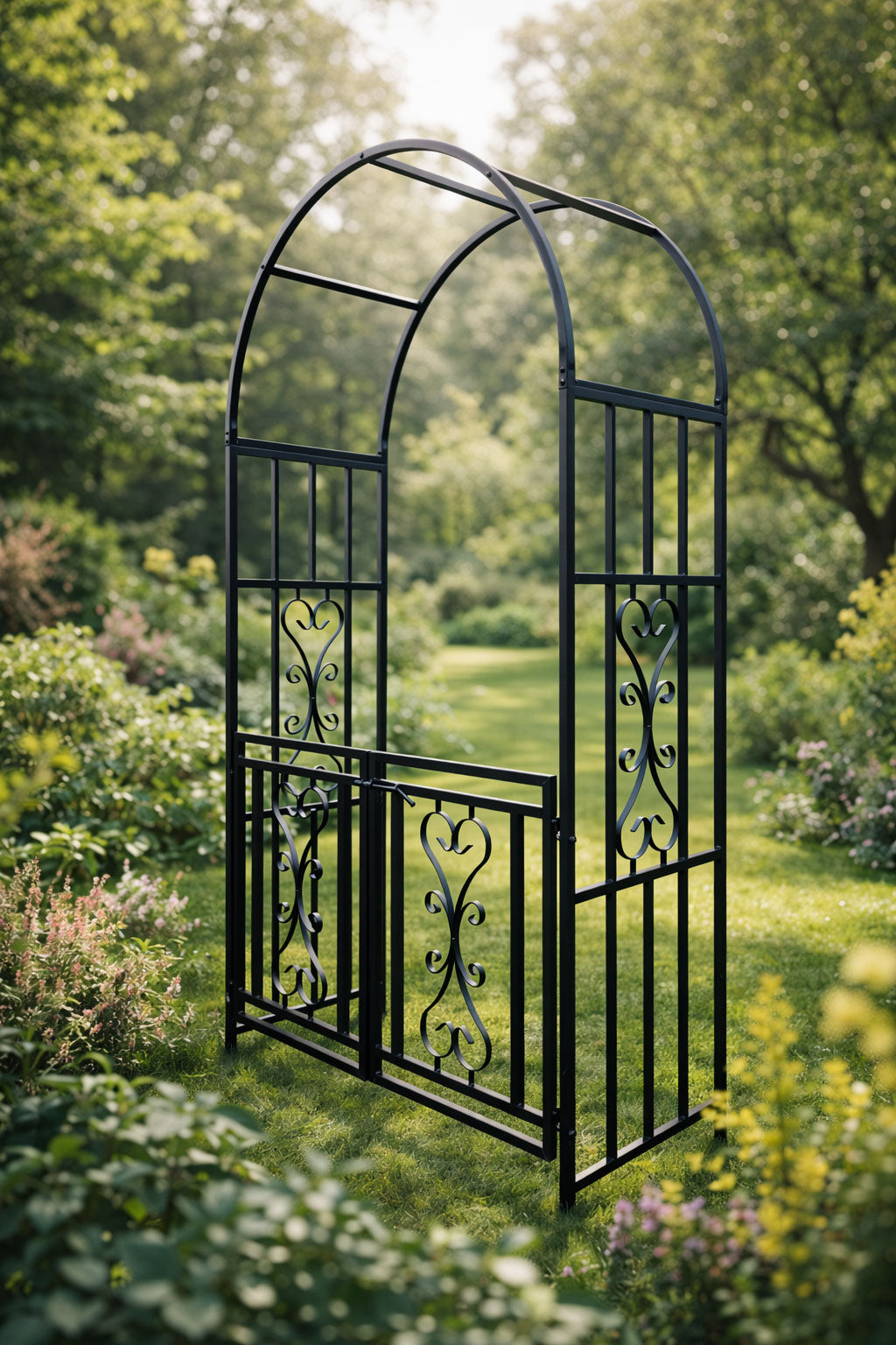 Metal Garden Arch with Opening Gate - Steel Garden Archway Walkway Entrance Frame for Climbing Roses