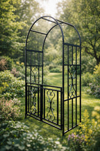 Metal Garden Arch with Opening Gate - Steel Garden Archway Walkway Entrance Frame for Climbing Roses