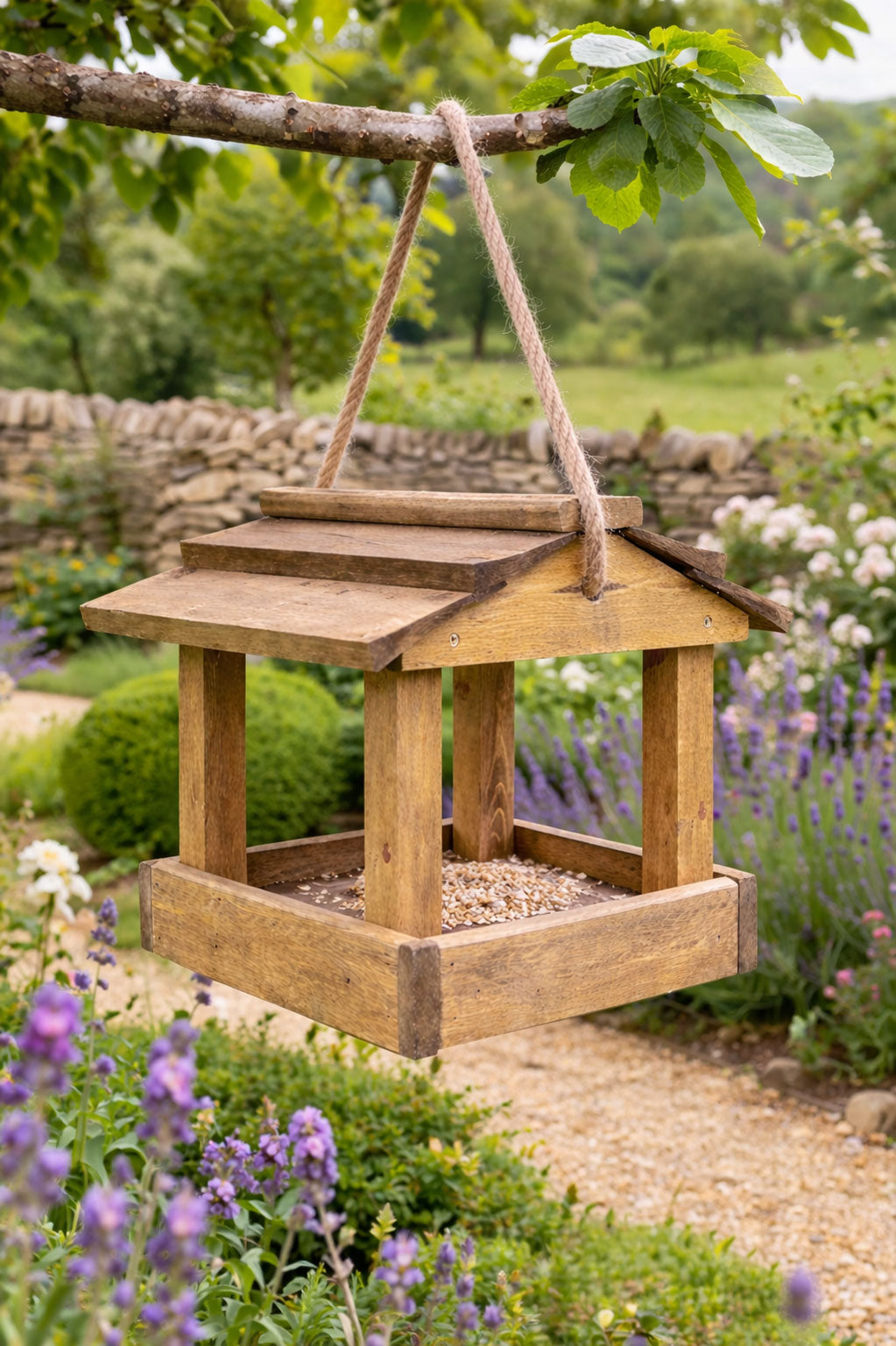 Premium Wooden Bird Feeder Hanging Rope Bird Table Garden Feeder With Roof Fully Assembled