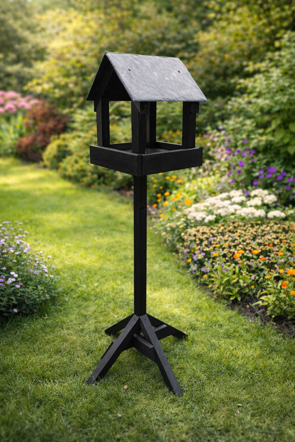Outdoor Black Bird Table with Stand  - Wooden Garden Bird Feeding Station
